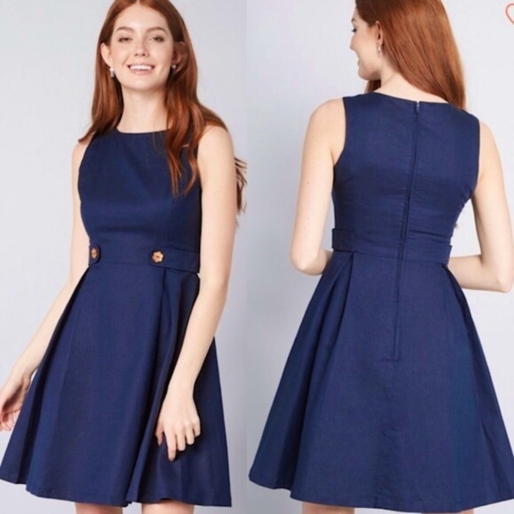 Modcloth Something Sixties Linen Cotton Navy Retro A-Line Sleeveless Dress | 00